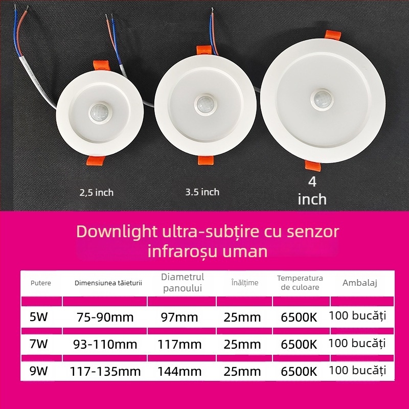 Downlight LED cu senzor de corp, radar IR și control vocal, montaj ascuns, 220V, perle LED 2835 x10, 6500K