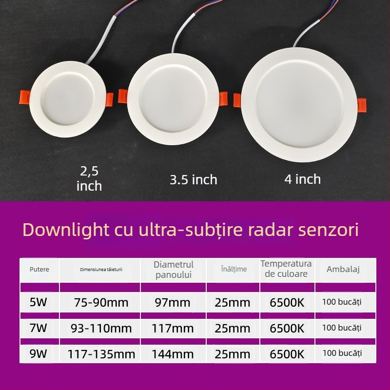 Downlight LED cu senzor de corp, radar IR și control vocal, montaj ascuns, 220V, perle LED 2835 x10, 6500K