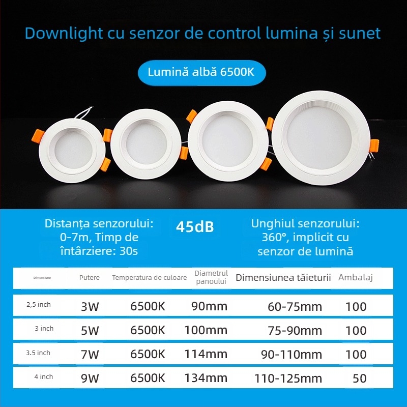 Downlight LED cu senzor de corp, radar IR și control vocal, montaj ascuns, 220V, perle LED 2835 x10, 6500K