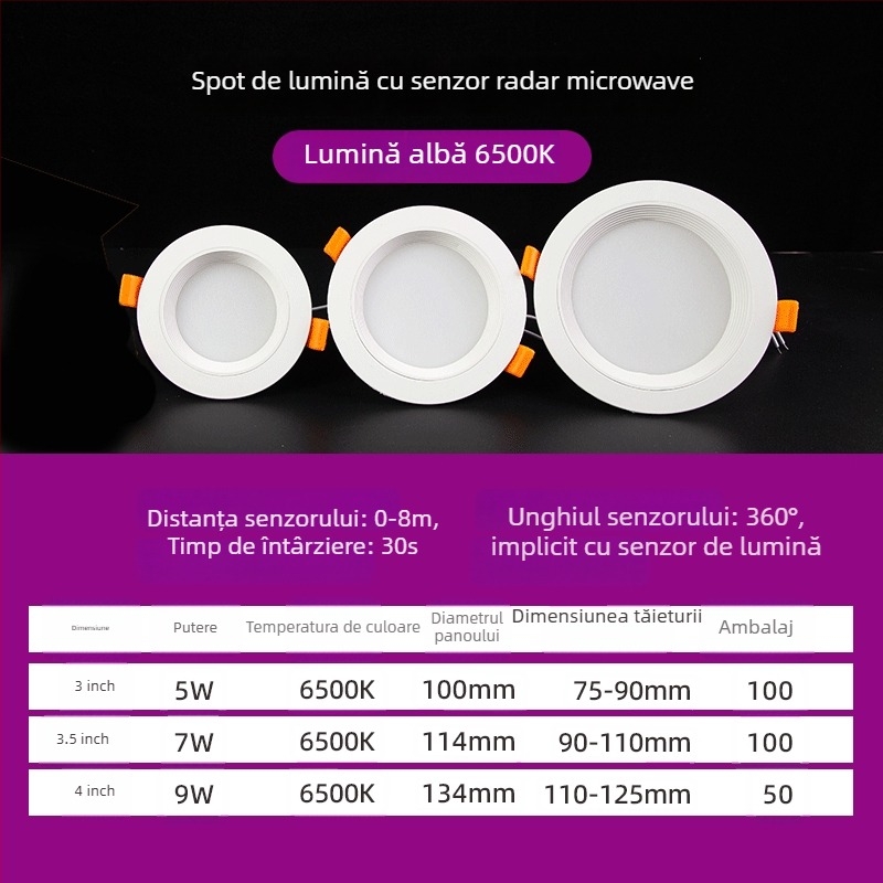Downlight LED cu senzor de corp, radar IR și control vocal, montaj ascuns, 220V, perle LED 2835 x10, 6500K