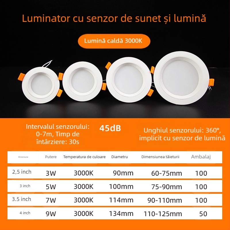Downlight LED cu senzor de corp, radar IR și control vocal, montaj ascuns, 220V, perle LED 2835 x10, 6500K