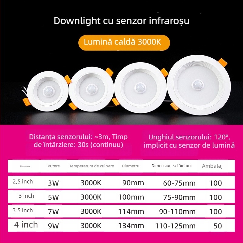 Downlight LED cu senzor de corp, radar IR și control vocal, montaj ascuns, 220V, perle LED 2835 x10, 6500K