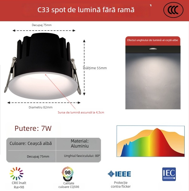 Downlight LED fără ramă, profil arc curbat, încastrat, COB LED, 220V, carcasă din aluminiu, deschidere 75 mm, 82 mm dimensiune totală, 3000–6000K