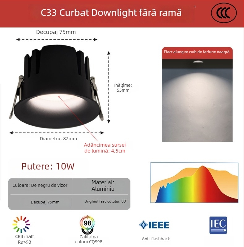 Downlight LED fără ramă, profil arc curbat, încastrat, COB LED, 220V, carcasă din aluminiu, deschidere 75 mm, 82 mm dimensiune totală, 3000–6000K