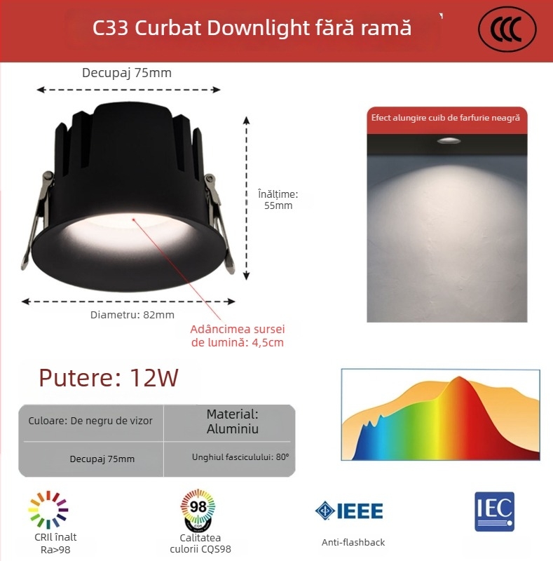 Downlight LED fără ramă, profil arc curbat, încastrat, COB LED, 220V, carcasă din aluminiu, deschidere 75 mm, 82 mm dimensiune totală, 3000–6000K