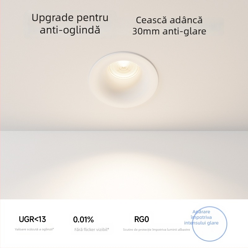 Downlight LED fără ramă, profil arc curbat, încastrat, COB LED, 220V, carcasă din aluminiu, deschidere 75 mm, 82 mm dimensiune totală, 3000–6000K