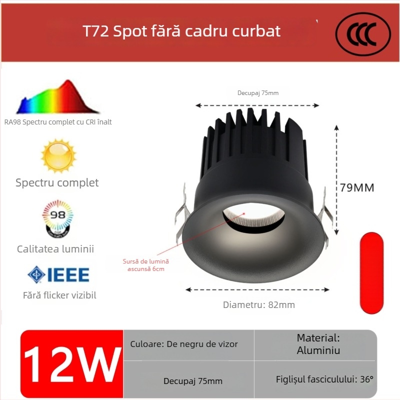 Downlight LED fără ramă, profil arc curbat, încastrat, COB LED, 220V, carcasă din aluminiu, deschidere 75 mm, 82 mm dimensiune totală, 3000–6000K