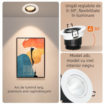 Spot COB LED încorporat, iluminat de tavan din aluminiu, fascicul reglabil, CRI 80–89, 220V, Trio Aurora