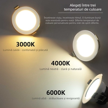 Downlight LED ultra-subțire, încastrat, anti-strălucire, reglaj în trei culori, 6000K, 220V