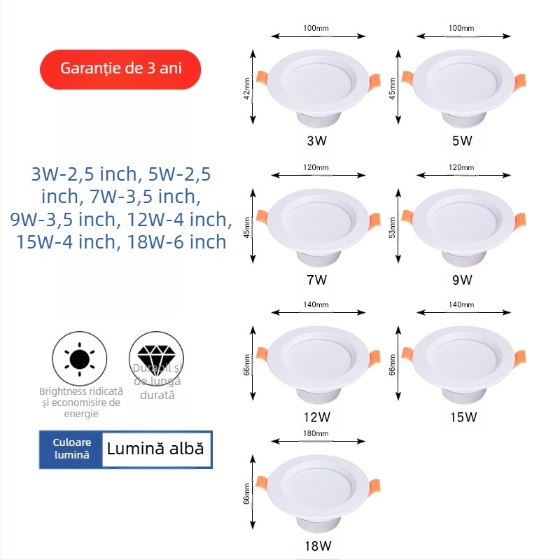 Downlight LED ultra-subțire, încastrat, anti-strălucire, reglaj în trei culori, 6000K, 220V