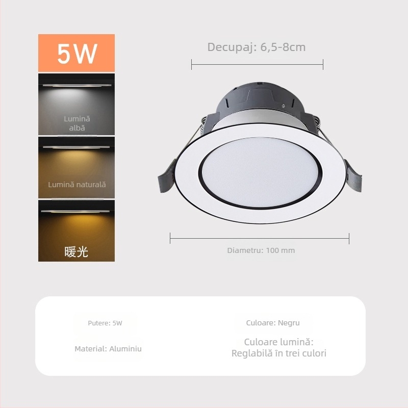 Downlight LED ultra-subțire, încastrat, anti-strălucire, reglaj în trei culori, 6000K, 220V
