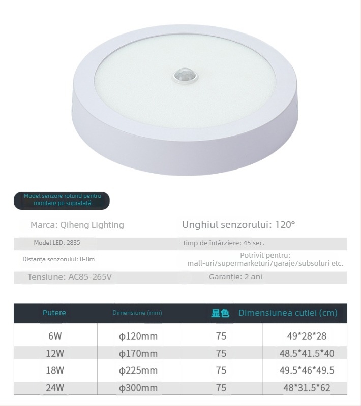 Downlight LED cu senzor PIR, carcasă din aluminiu, 85–265V, durată de viață 80.000 h, Eficiență energetică Clasa 5