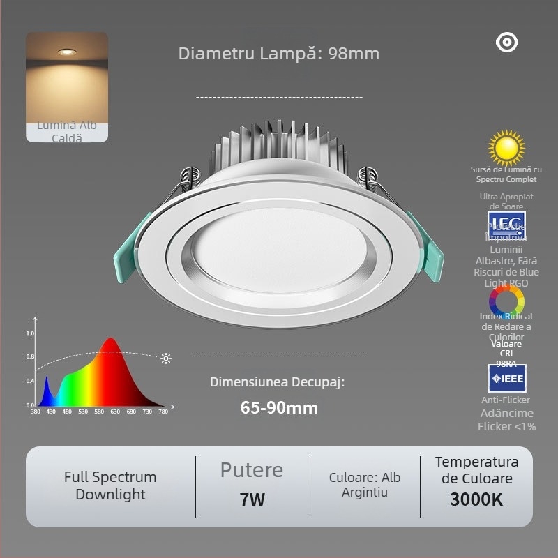 Downlight LED; spectru complet, anti-lumină albastră; CRI ≥90; 220V; montaj încastrat