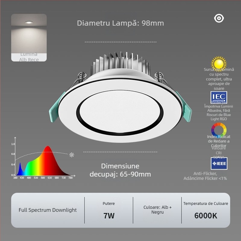Downlight LED; spectru complet, anti-lumină albastră; CRI ≥90; 220V; montaj încastrat