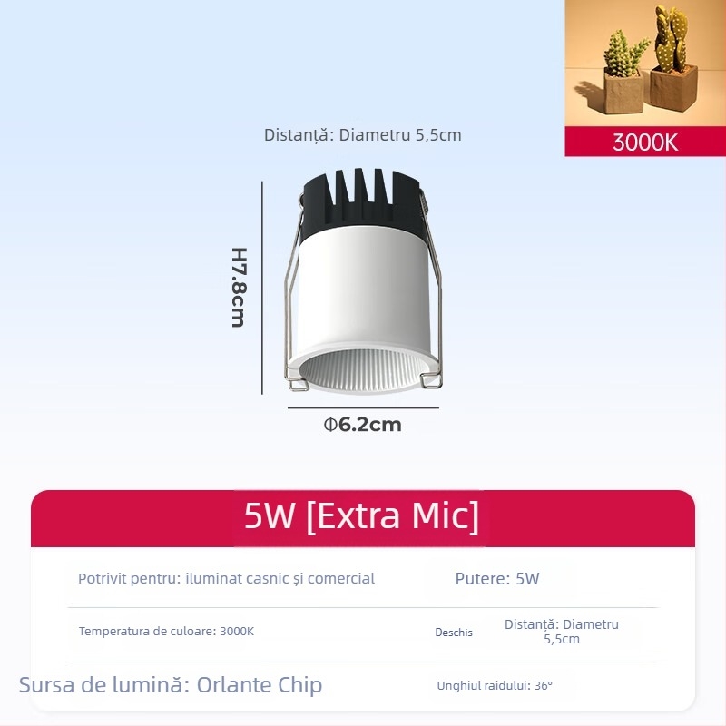 Spot COB încastrat pentru tavanul sufrageriei, carcasă din aluminiu, 220V, CRI ≥95, întrerupător cu buton