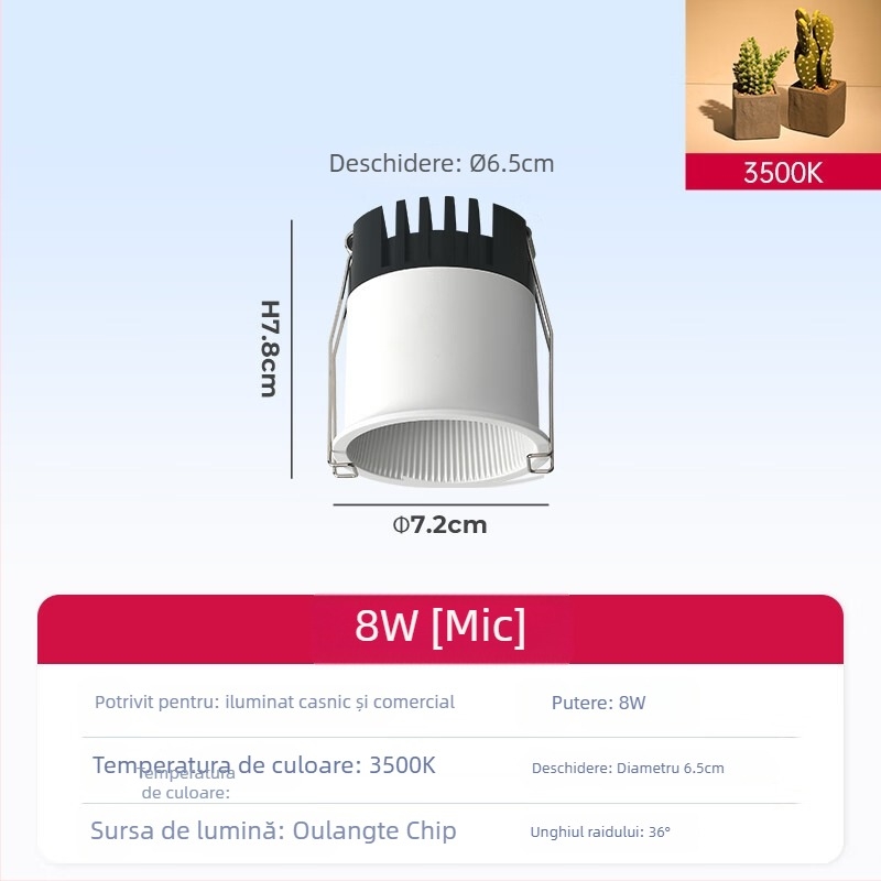 Spot COB încastrat pentru tavanul sufrageriei, carcasă din aluminiu, 220V, CRI ≥95, întrerupător cu buton