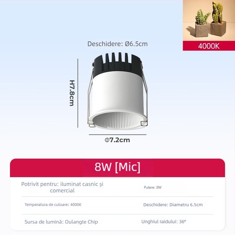 Spot COB încastrat pentru tavanul sufrageriei, carcasă din aluminiu, 220V, CRI ≥95, întrerupător cu buton