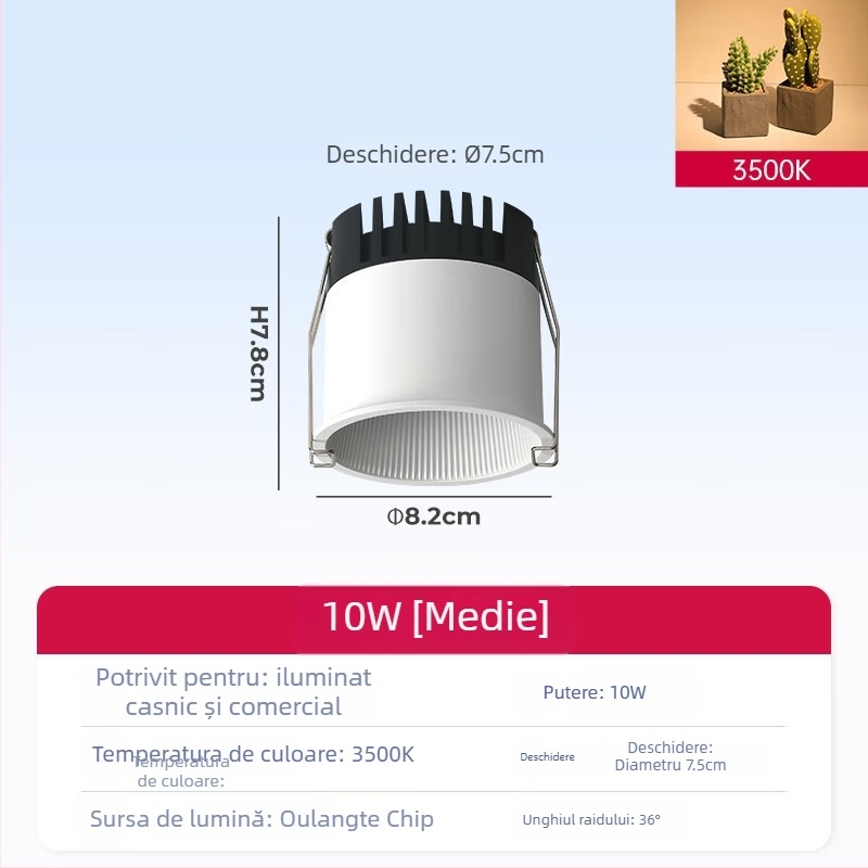 Spot COB încastrat pentru tavanul sufrageriei, carcasă din aluminiu, 220V, CRI ≥95, întrerupător cu buton