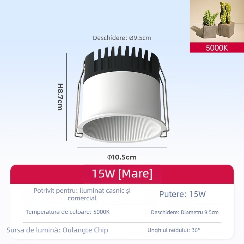Spot COB încastrat pentru tavanul sufrageriei, carcasă din aluminiu, 220V, CRI ≥95, întrerupător cu buton