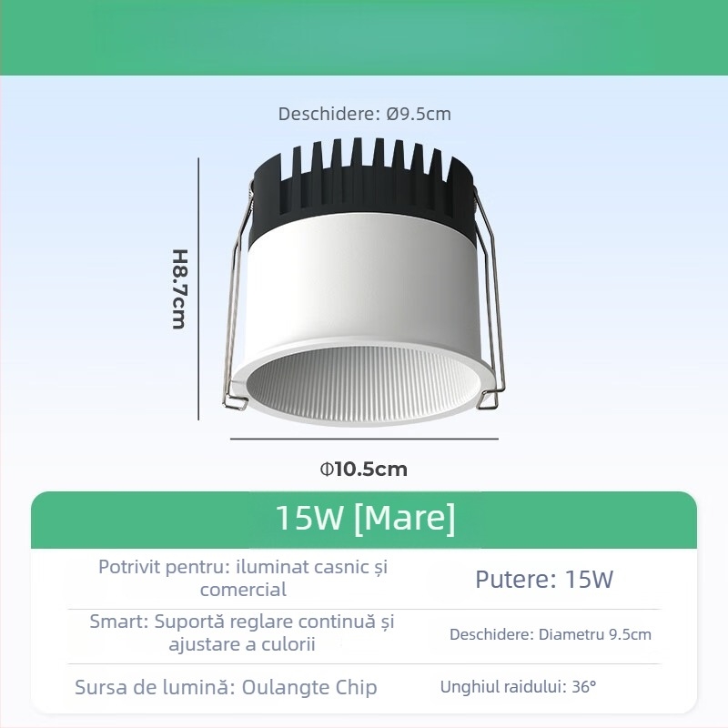Spot COB încastrat pentru tavanul sufrageriei, carcasă din aluminiu, 220V, CRI ≥95, întrerupător cu buton