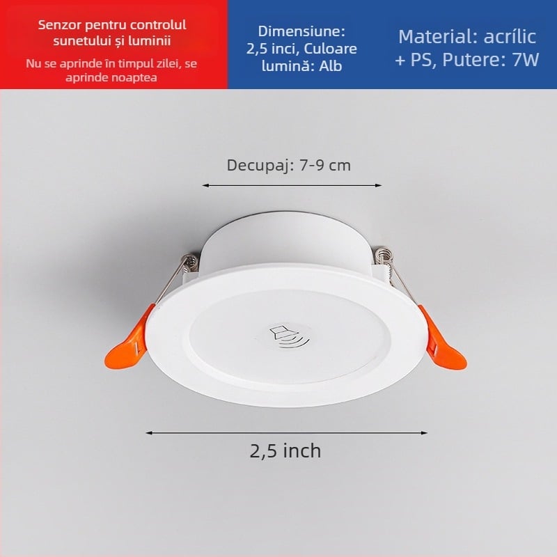 Downlight LED cu senzor radar inteligent de mișcare și control al luminii - sursă LED, tensiune ≤36V, CRI 80–89, montaj ascuns