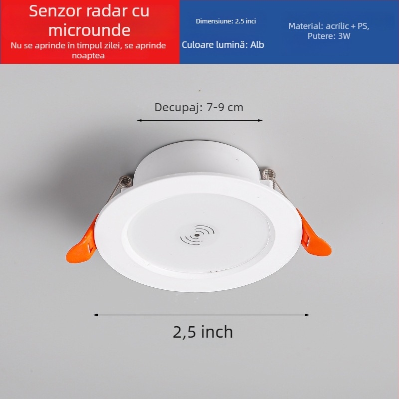 Downlight LED cu senzor radar inteligent de mișcare și control al luminii - sursă LED, tensiune ≤36V, CRI 80–89, montaj ascuns