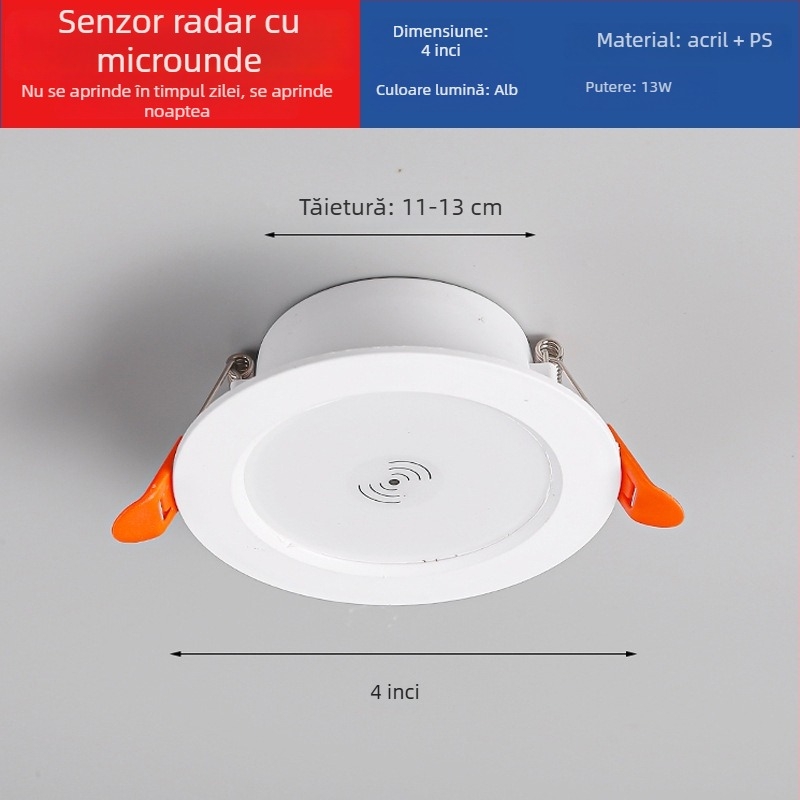 Downlight LED cu senzor radar inteligent de mișcare și control al luminii - sursă LED, tensiune ≤36V, CRI 80–89, montaj ascuns