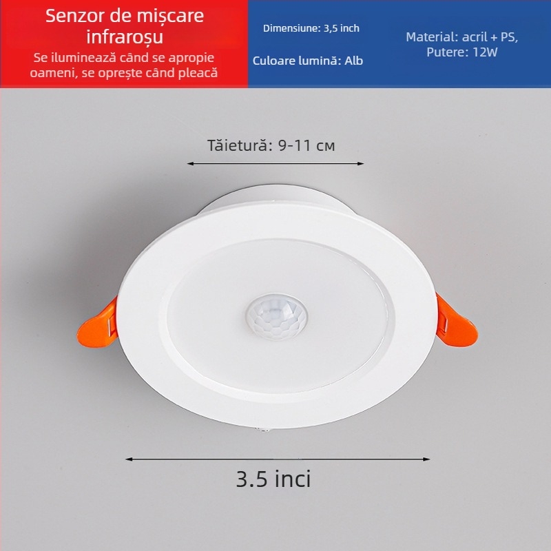 Downlight LED cu senzor radar inteligent de mișcare și control al luminii - sursă LED, tensiune ≤36V, CRI 80–89, montaj ascuns