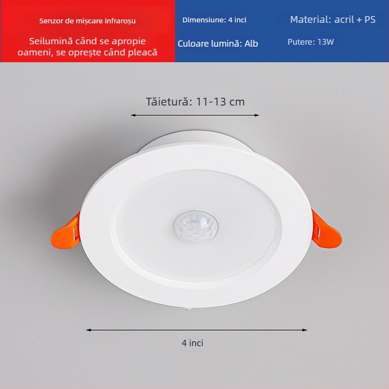Downlight LED cu senzor radar inteligent de mișcare și control al luminii - sursă LED, tensiune ≤36V, CRI 80–89, montaj ascuns