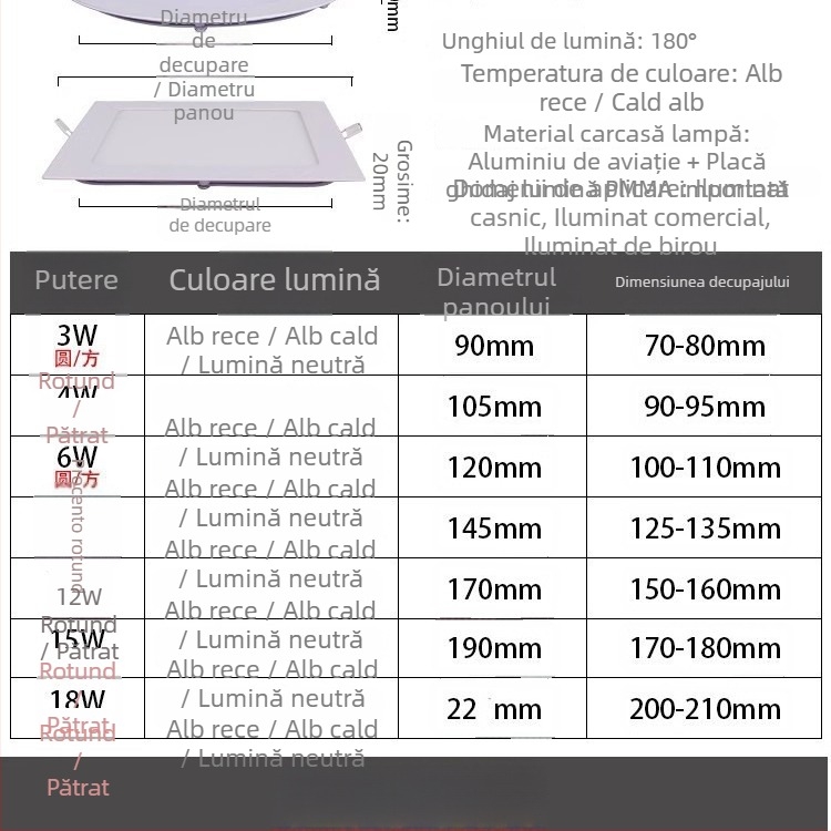 Spot LED ultra-subțire, încastrat în plafon, carcasă din aluminiu, 220V, 6500K, durată de viață 30.000 h