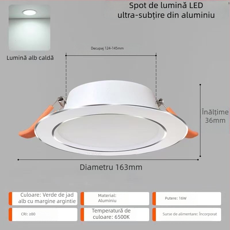 Spot LED pentru plafon – carcasă din aluminiu ultra-subțire, montaj încastrat, 6500K lumină de zi, 220V, CRI 70–79