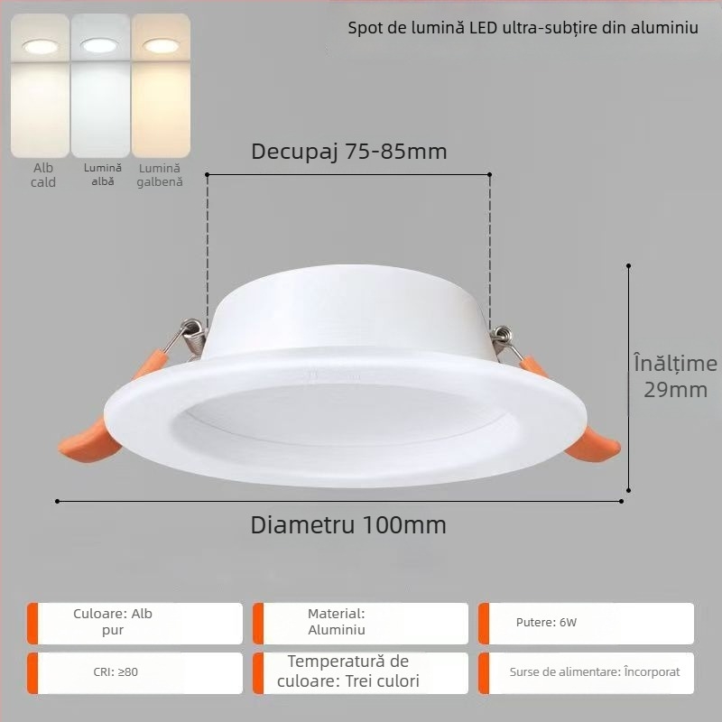 Spot LED pentru plafon – carcasă din aluminiu ultra-subțire, montaj încastrat, 6500K lumină de zi, 220V, CRI 70–79