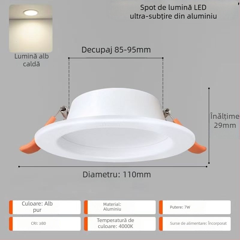 Spot LED pentru plafon – carcasă din aluminiu ultra-subțire, montaj încastrat, 6500K lumină de zi, 220V, CRI 70–79