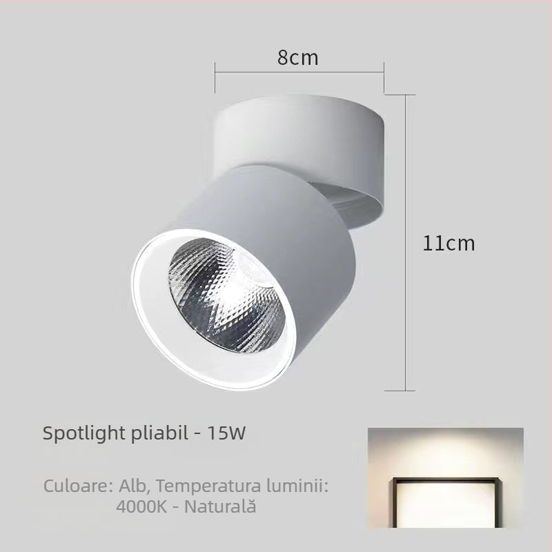 Spot LED montat pe suprafață, cu cap pliabil și rotativ, 220V, carcasă din aluminiu