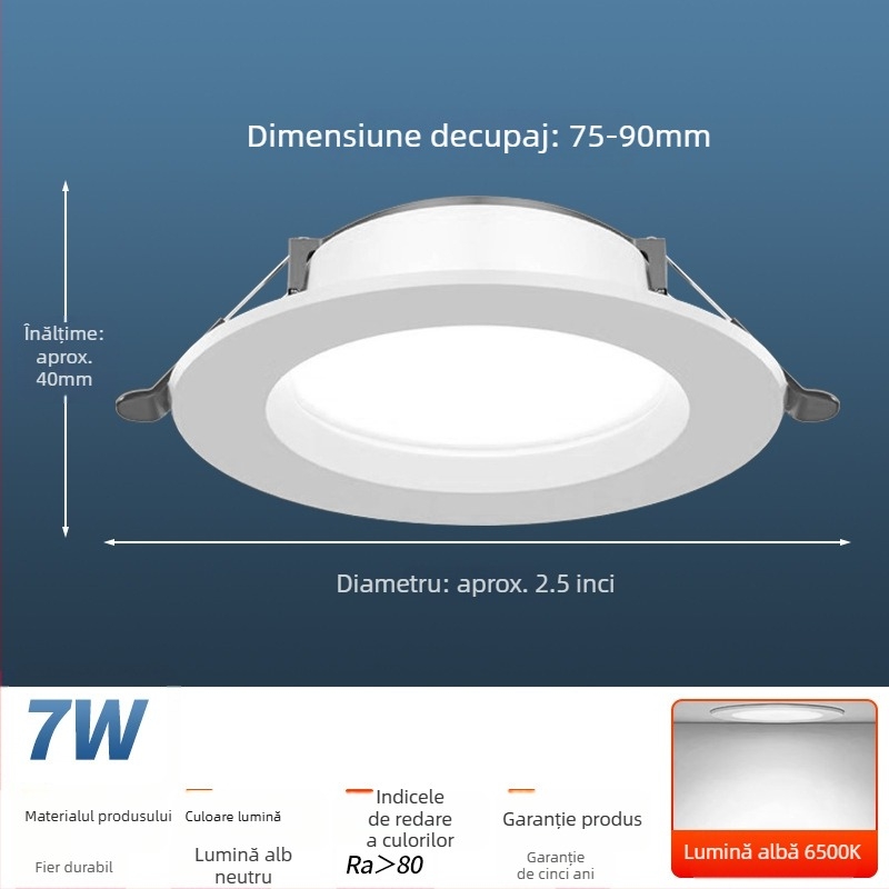 LED Downlight pentru tavan, 7W/9W/12W, montaj încastrat, 220V, 3000K/4000K/6500K, CRI 70–79, Qianhua