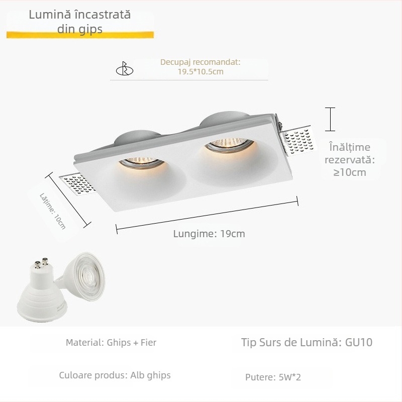 Downlight din ipsos cu GU10, LED, 6-10W, 220V, dimming în trei tonuri (3000K/4000K/6000K), CRI ≥90, instalare ascunsă
