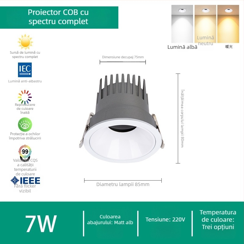 Spot LED pentru uz casnic, corp de plafon încastrat, 220V, cip Puri, carcasa din aluminiu, control prin întrerupator