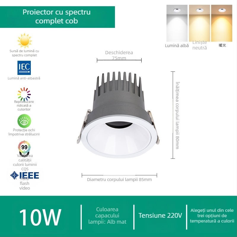 Spot LED pentru uz casnic, corp de plafon încastrat, 220V, cip Puri, carcasa din aluminiu, control prin întrerupator