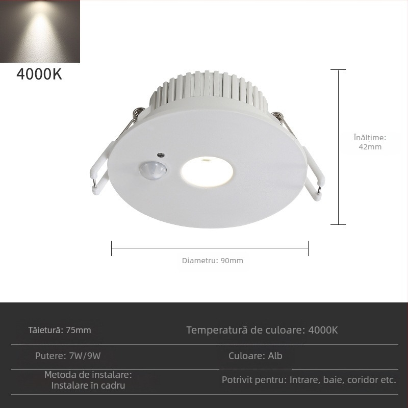 LED downlight cu senzor de mișcare infraroșu, încastrat în tavan, 85–265 V, 630–810 lm, 3000K/4000K/6000K