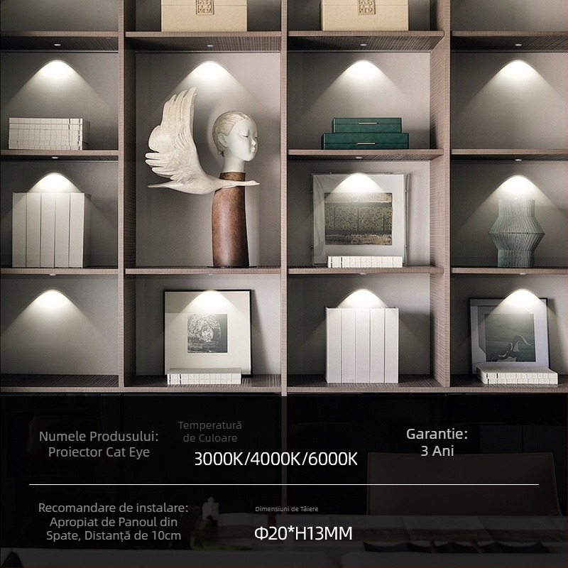 Spot LED încorporat Cat-Eye pentru vitrină și dulapul de vin, 12V tensiune joasă, carcasă rotundă din aliaj de aluminiu, iluminare ascunsă a dulapului