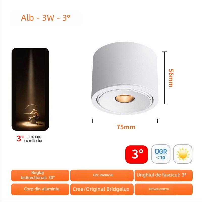 Spot COB încadrat 3W, ultra-subțire, cu unghiuri de fascicul 3°/8°/15°, CRI ≥95, 220V