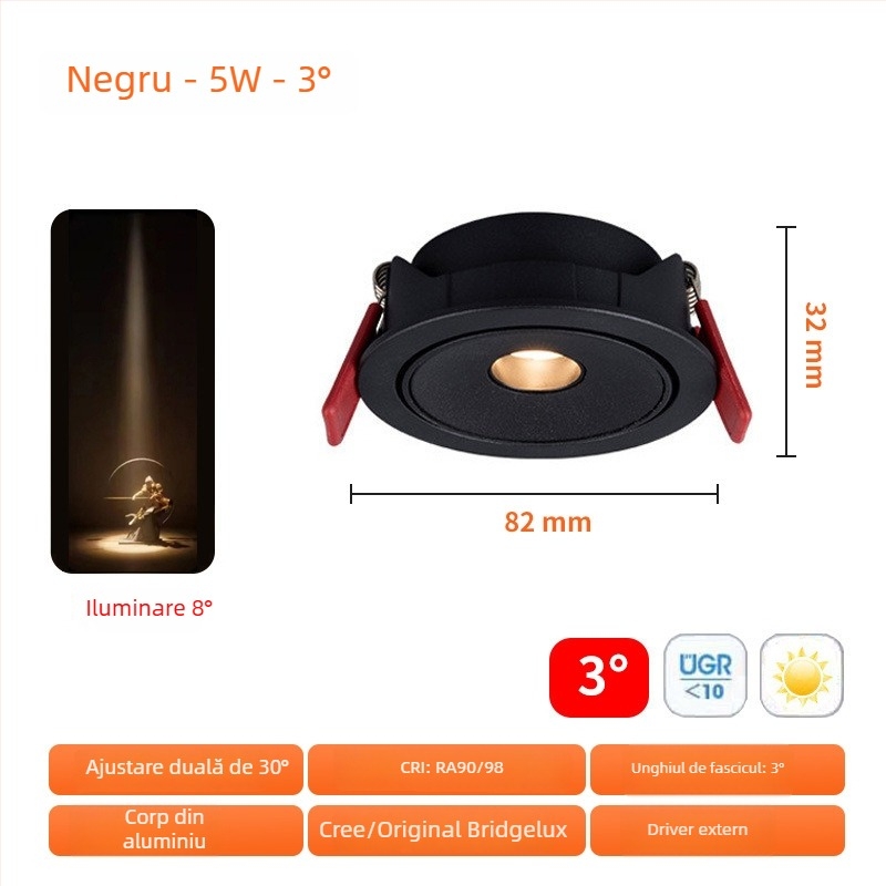 Spot COB încadrat 3W, ultra-subțire, cu unghiuri de fascicul 3°/8°/15°, CRI ≥95, 220V