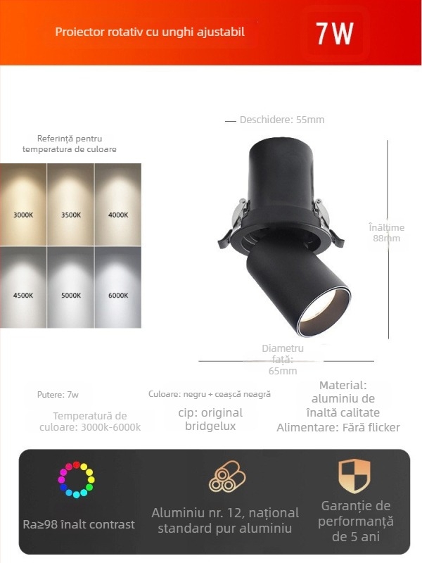 Spot LED pentru tavan, încastrat, unghi reglabil (Sursă de lumină COB, 220V, Carcasă din aluminiu, CRI ≥95)