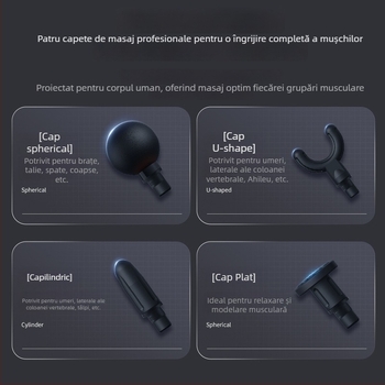 Pistol fascia mini pentru relaxare musculară, 4 capete, ecran LCD, 4 trepte de viteză, zgomot redus, baterie încorporată 1000–1200 mAh.