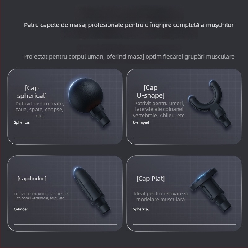 Pistol fascia mini pentru relaxare musculară, 4 capete, ecran LCD, 4 trepte de viteză, zgomot redus, baterie încorporată 1000–1200 mAh.