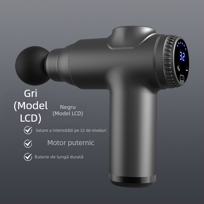Pistol fascia mini pentru relaxare musculară, 4 capete, ecran LCD, 4 trepte de viteză, zgomot redus, baterie încorporată 1000–1200 mAh.