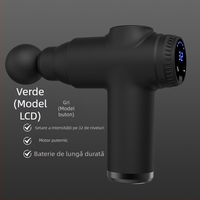 Pistol fascia mini pentru relaxare musculară, 4 capete, ecran LCD, 4 trepte de viteză, zgomot redus, baterie încorporată 1000–1200 mAh.
