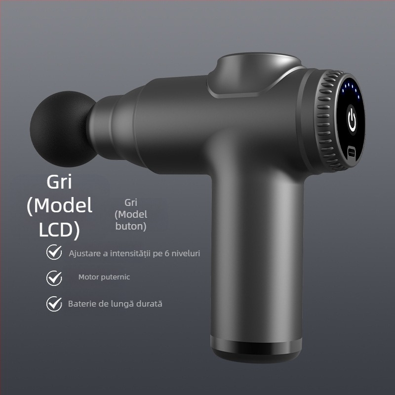 Pistol fascia mini pentru relaxare musculară, 4 capete, ecran LCD, 4 trepte de viteză, zgomot redus, baterie încorporată 1000–1200 mAh.