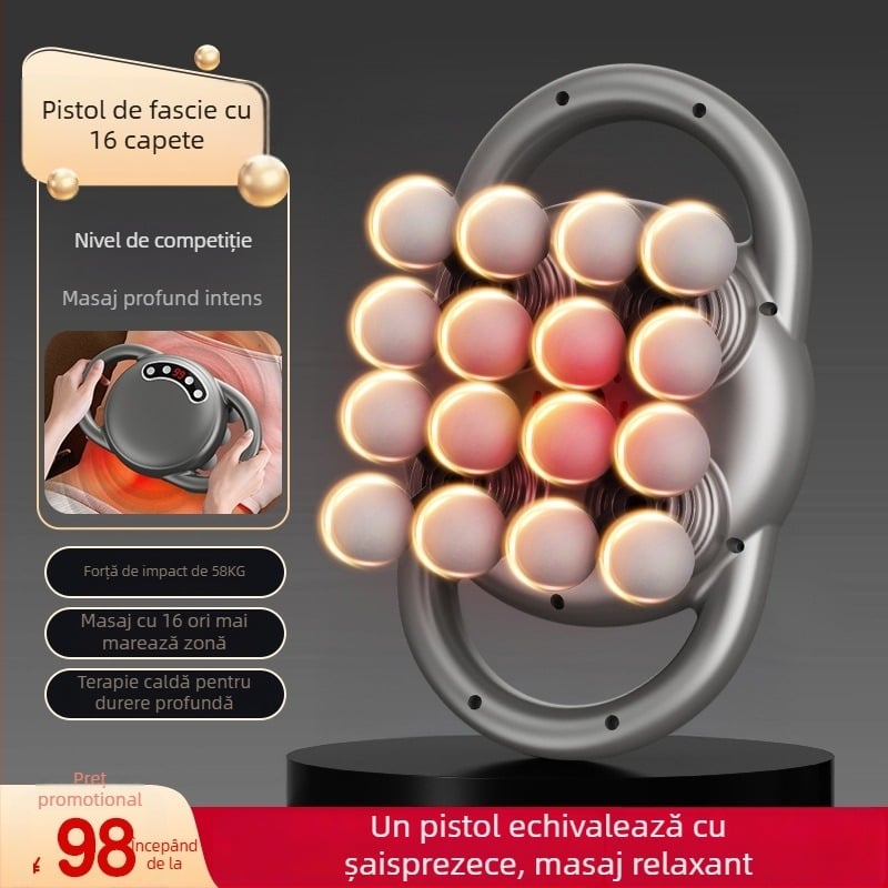 Dispozitiv de masaj fascial cu 6+ capete, motor cu perii, reglaj în mai multe trepte, zgomot 36–45 dB, fără baterie încorporată