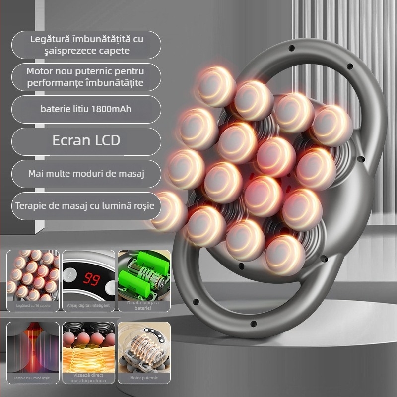 Dispozitiv de masaj fascial cu 6+ capete, motor cu perii, reglaj în mai multe trepte, zgomot 36–45 dB, fără baterie încorporată